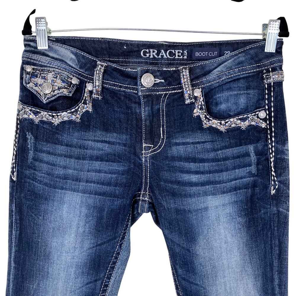 Grace In La Sz 29 Flap Pocket Embellished Embroidered Low Rise Bootcut Jeans - Picture 2 of 16